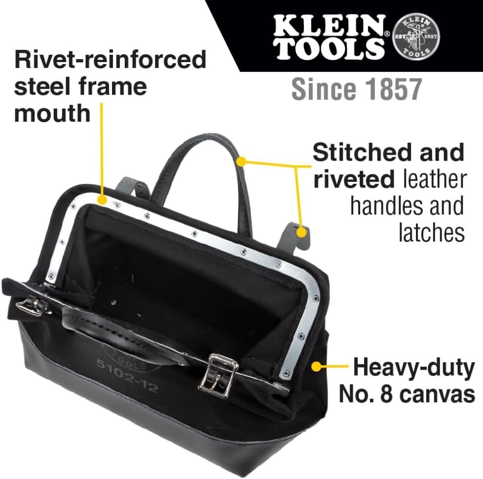 Heavy Duty Black Canvas Tool Bag with Wide Hinged Opening and Leather Handles, 1