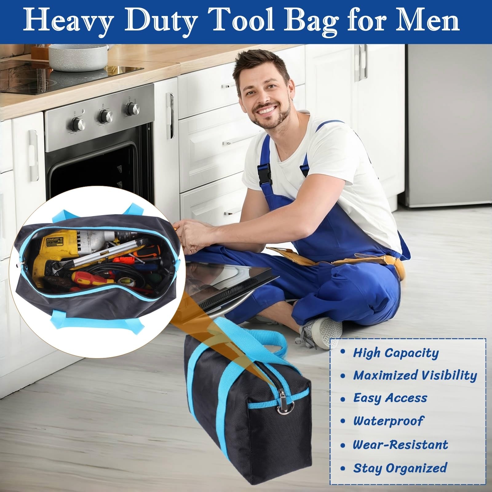 Wide Mouth Tool Bag, Heavy Duty Tool Bag for Men, High Capacity Tool Tote Bag…