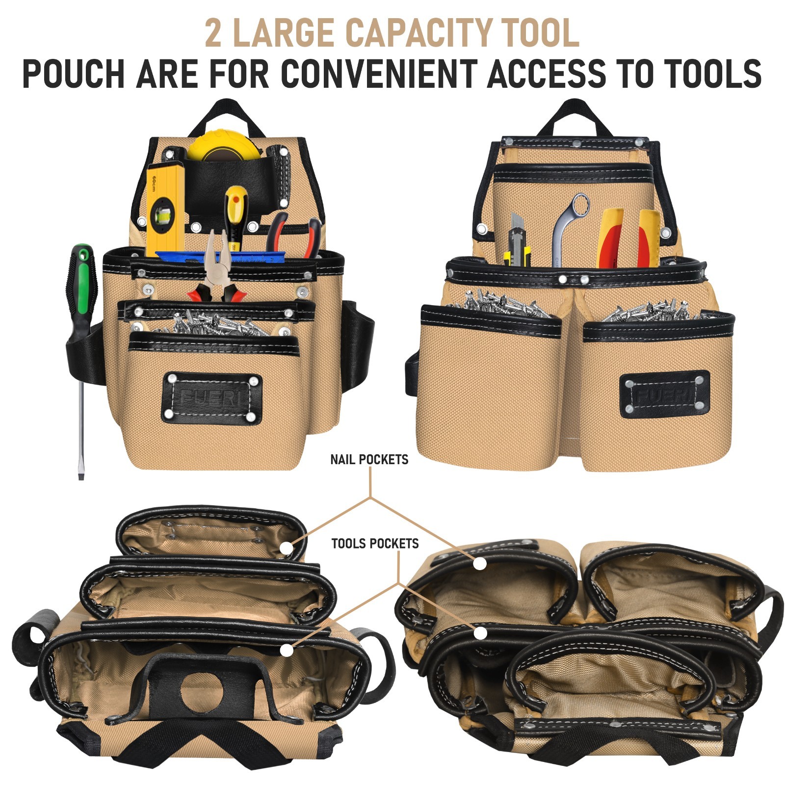 FUERI Electricians Heavy Duty 26 Pocket Leather Nylon Tool Belt Bag Carpenter