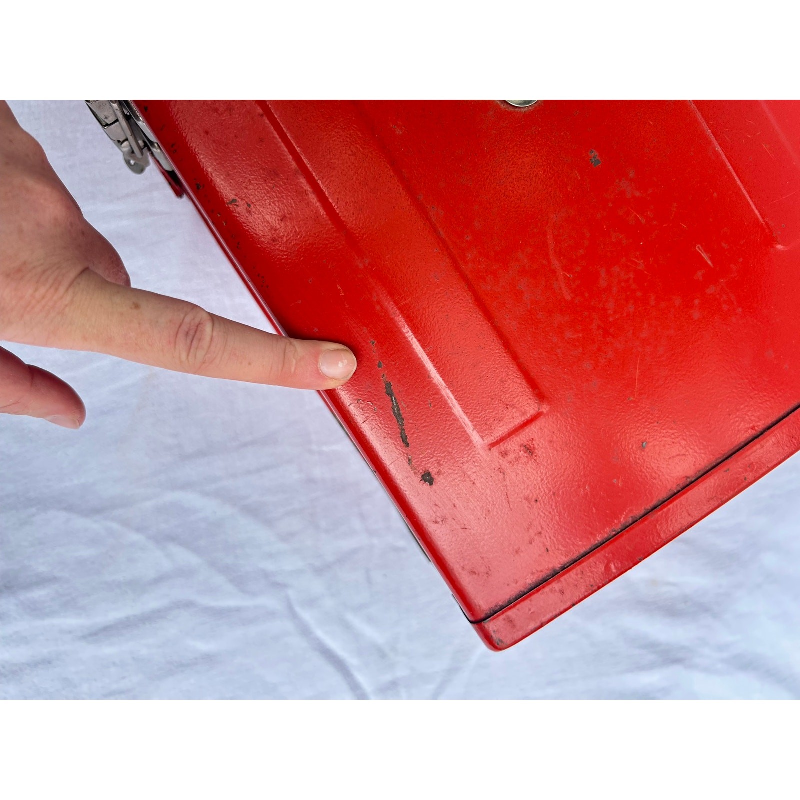 Vintage metal cherry red toolbox with pull out drawer