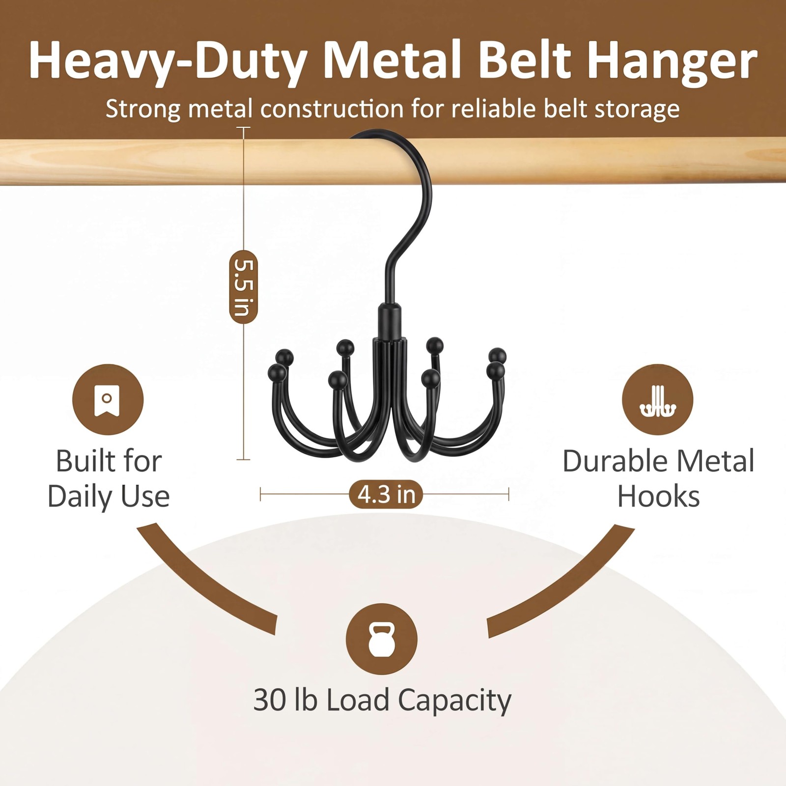 ZEDODIER Belt Organizer for Closet, 1 Pack–Round Hook Hanger, Black