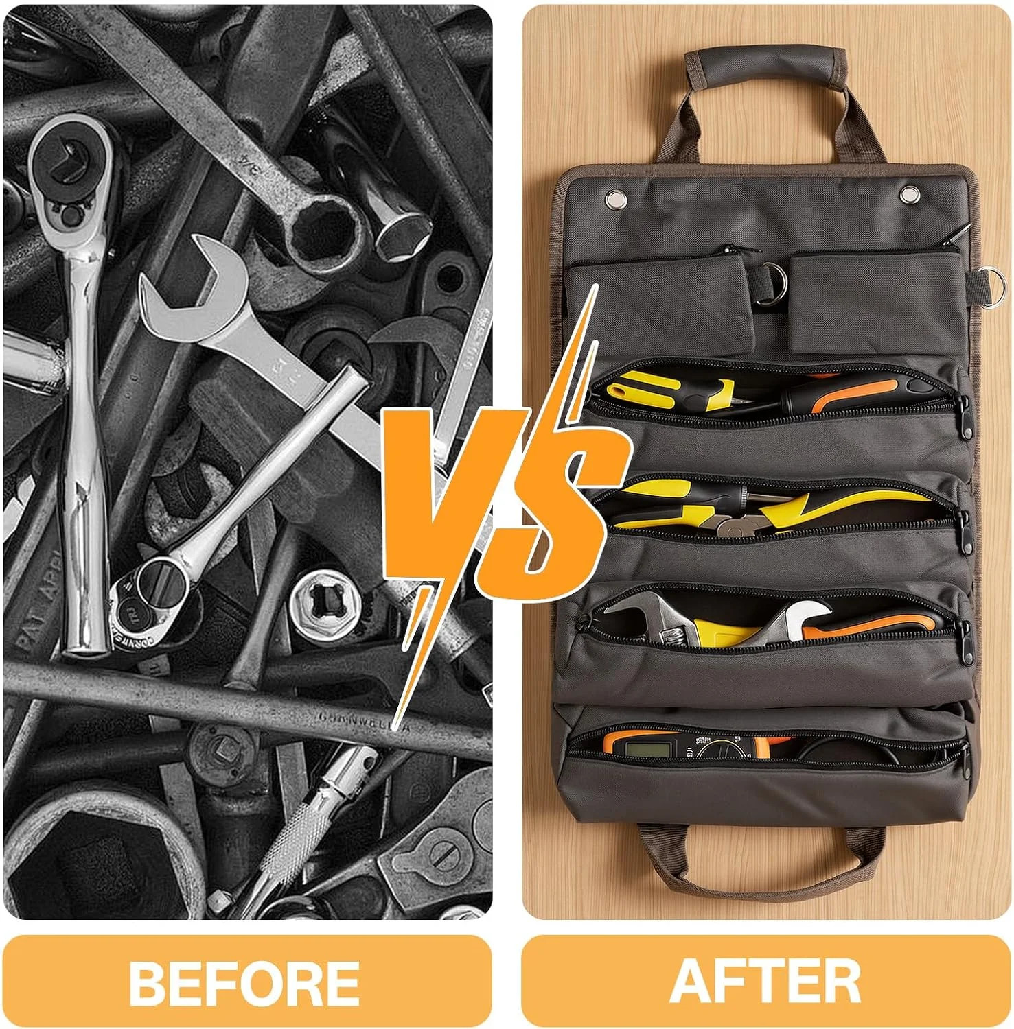 Roll Up Tool Bag for Men, Portable Tool Organizer with 4 Pouches Tool Roll and 2