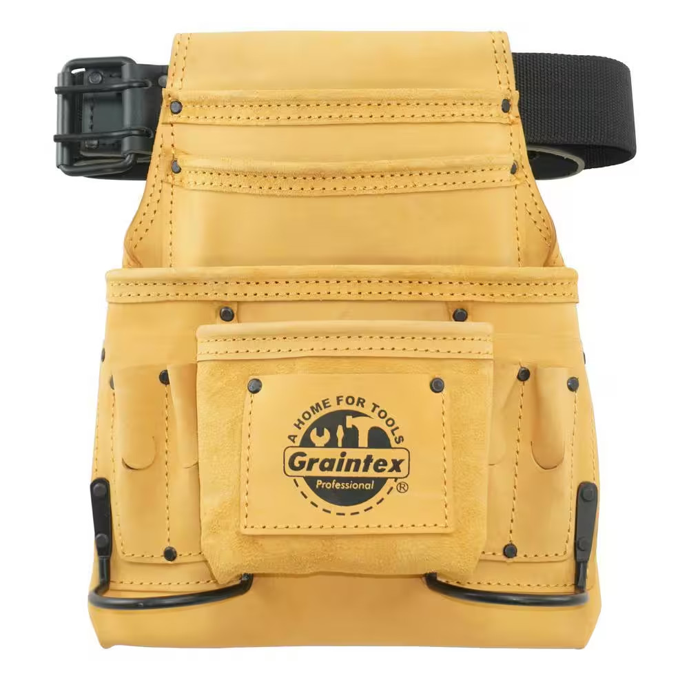 10-Pocket Yellow Top Grain Leather Nail and Tool Pouch with 2 In. Leather/Webbin