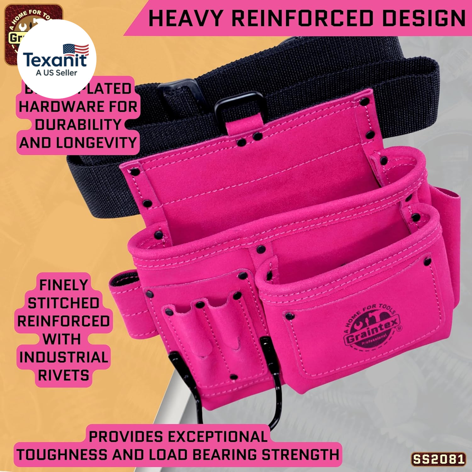 5 Pocket Suede Leather Tool Belt/Bag | Pink | Multipurpose Leather Tool Belt for