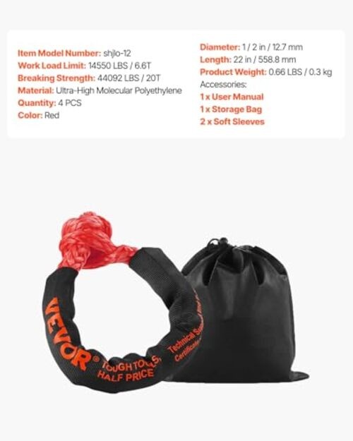 2-Pack Synthetic Soft Shackle, 1/2″ x 22″ – 44,092 lbs (20 Ton) Breaking Red