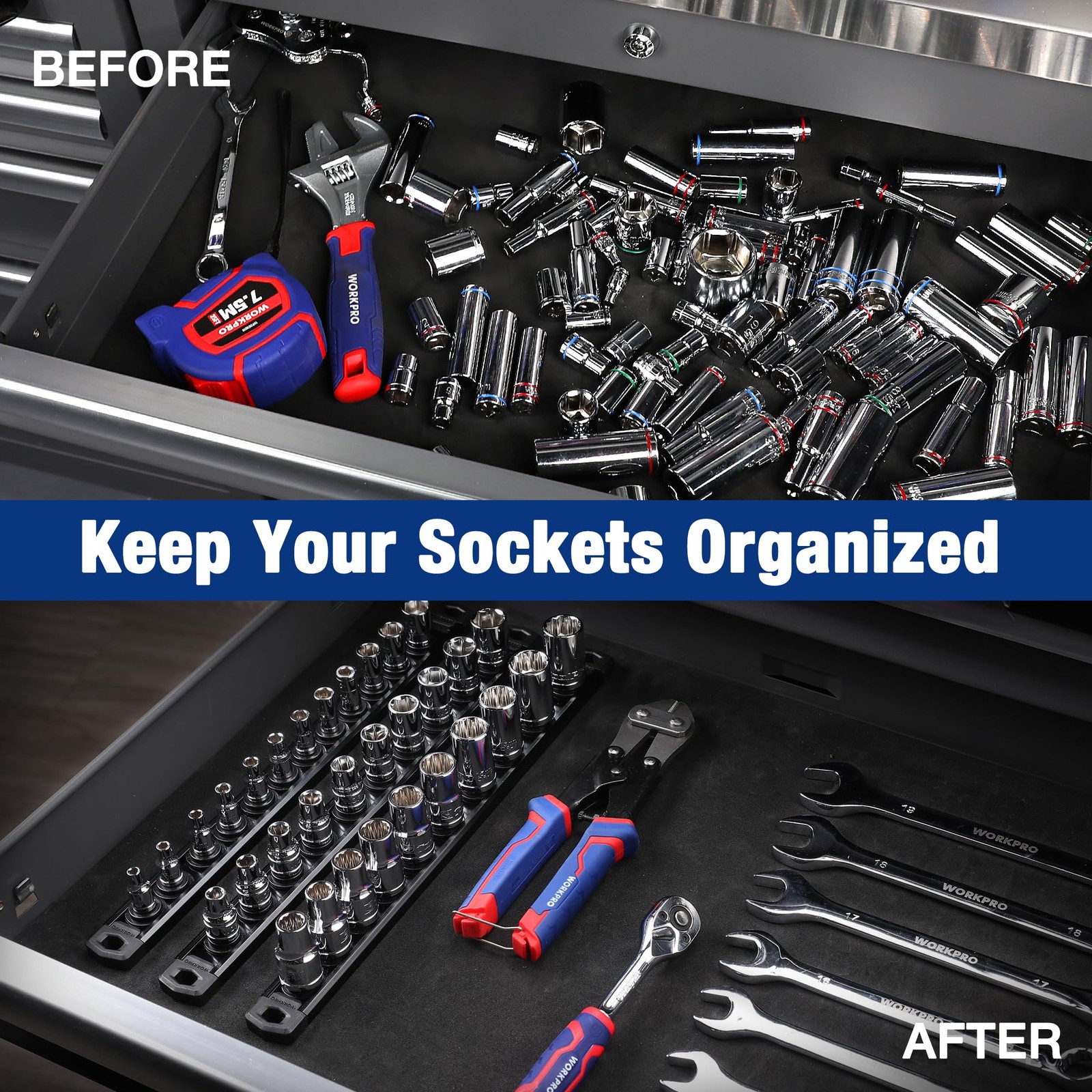 WORKPRO Magnetic Socket Organizer, 1/2-Inch Drive Aluminum 1/2″ DR, Black