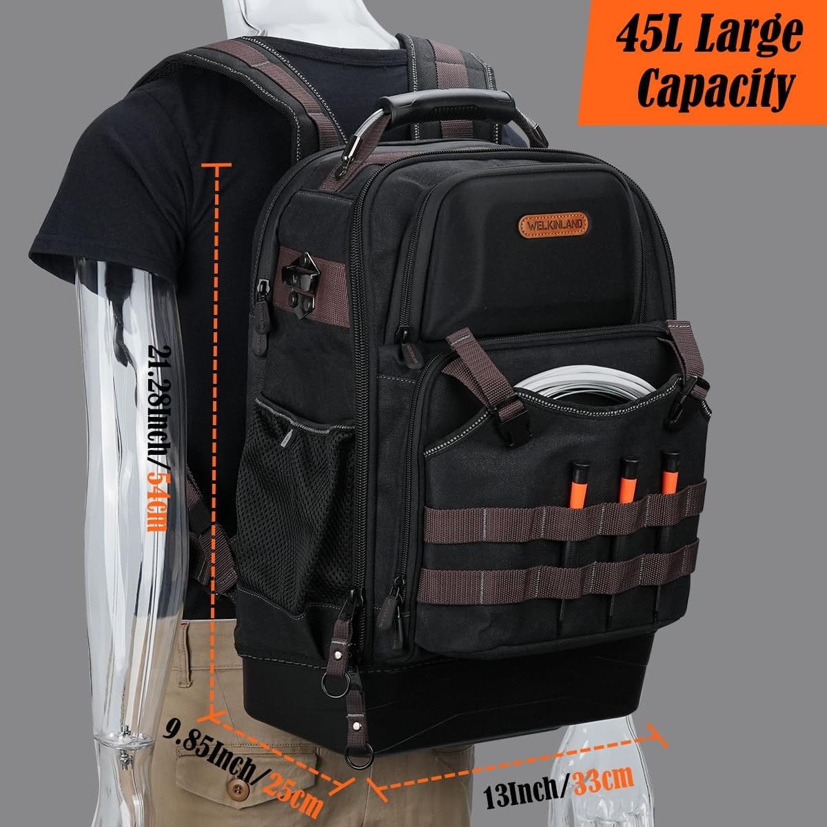 WELKINLAND 76 Pocket Hard Bottom Tool Backpack w/ 16″ Laptop Compartment