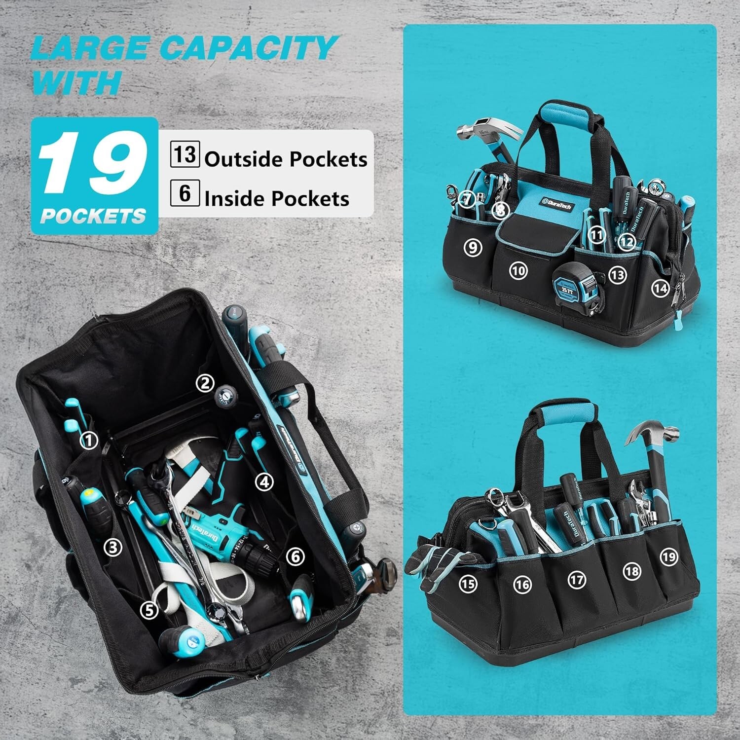 DURATECH 18-Inch Large Tool Bag w/Waterproof Hard Bottom Heavy Duty w/19 Pockets