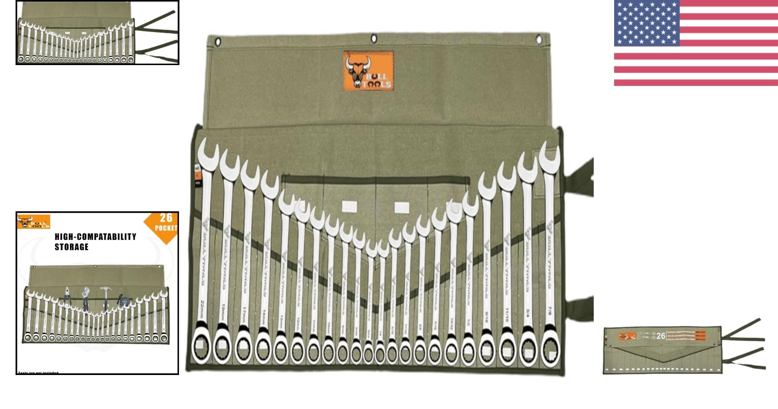 26 Pocket Wrench Roll Organizer Tool Bag Cotton Canvas for Metric & SAE Wrenches