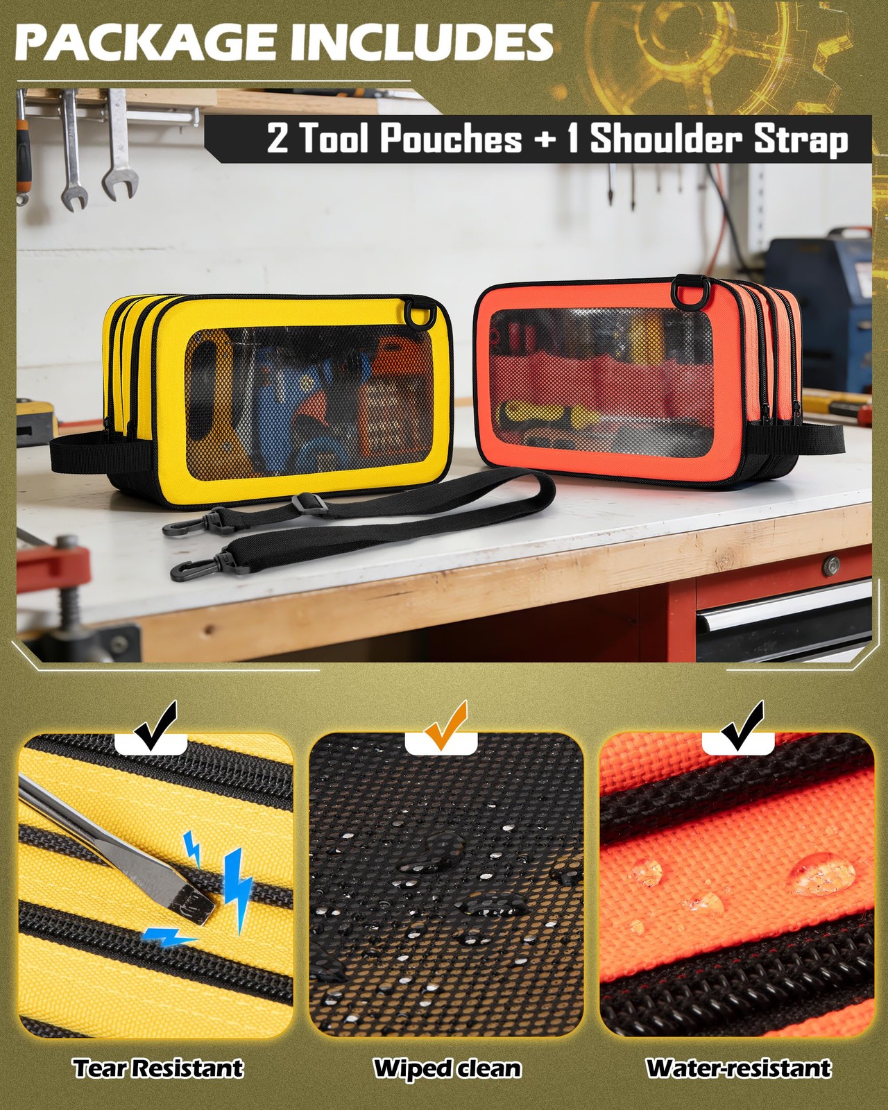 2 Pack Tool Pouch with Dual Compartments, 12” Tool Bag with Detachable Should…