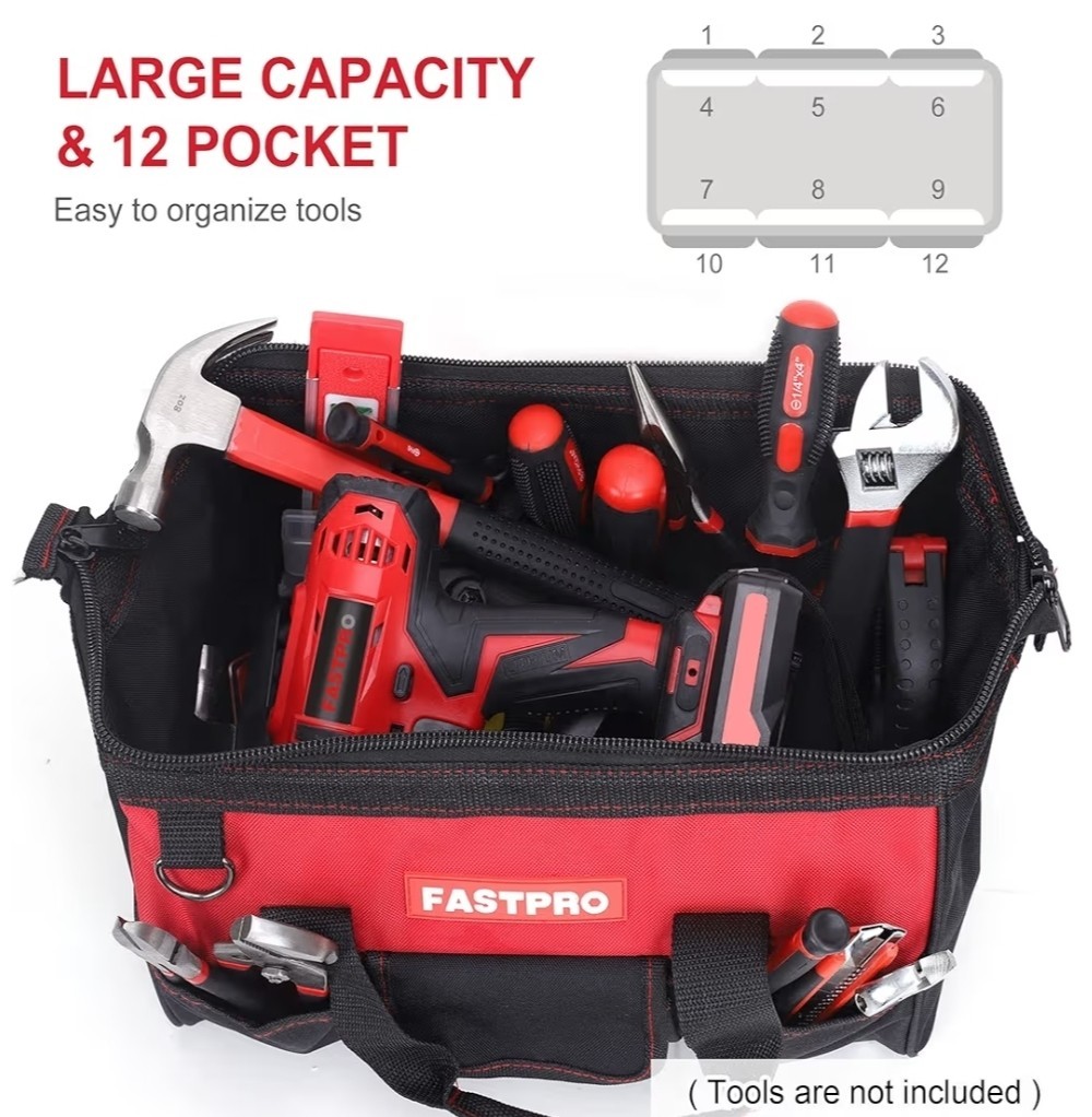 FASTPRO 14-Inch Zip-top Wide Mouth Open Storage Tool Bag, Classic Black & Red