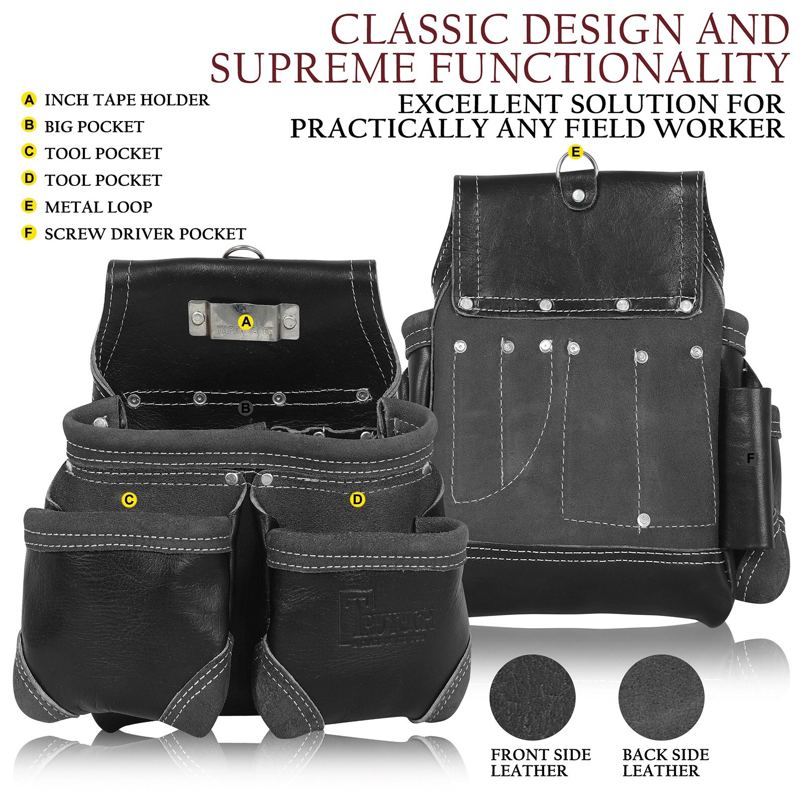 Trutuch Leather Carpenter Tool Belt | 18 Pockets | Framers Tool Belt | Handyman