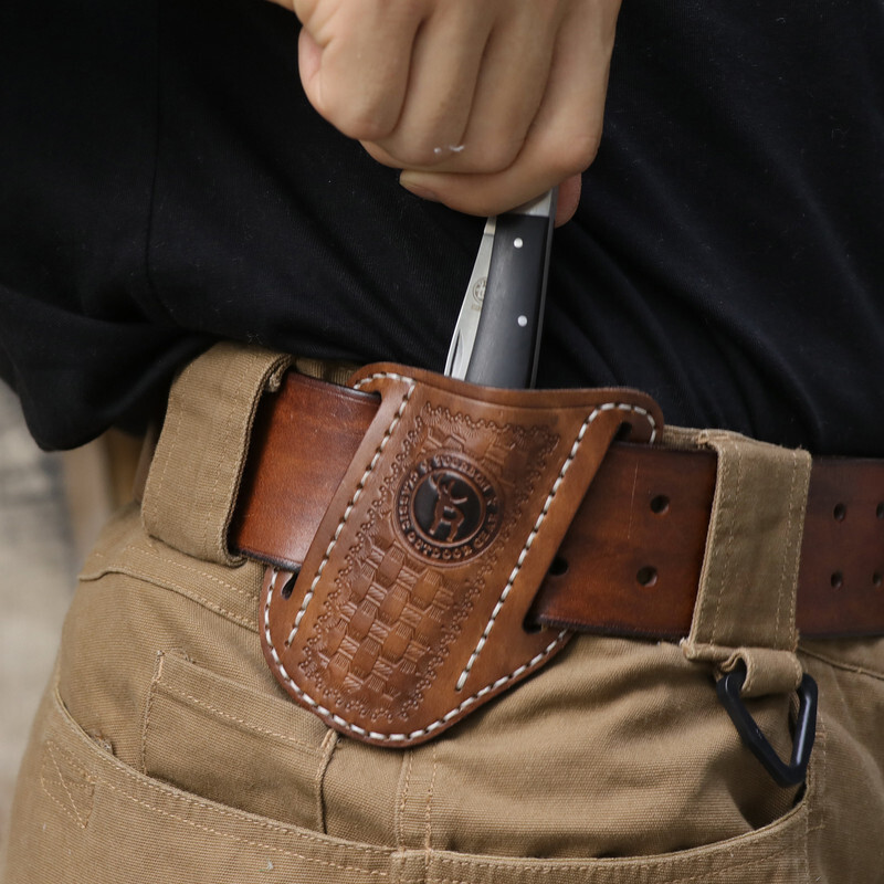 TOURBON Leather Folding Knife Sheath Belt Carry Pouch EDC Pocket Knives Holder