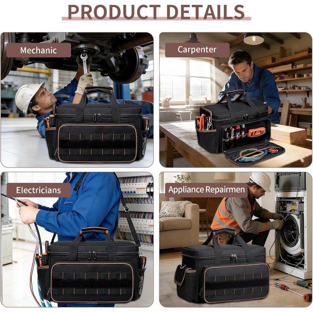 17″ Oxford Tool Tote W/ Padded Handle – Multi-Pocket Organizer for Electricians