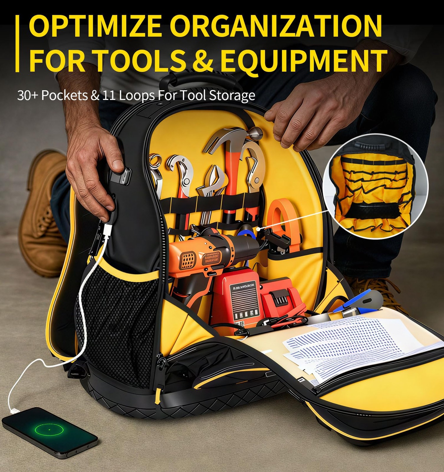 Tool Backpack, Heavy-Duty Organizer Bag for Men Large, Black & Orange