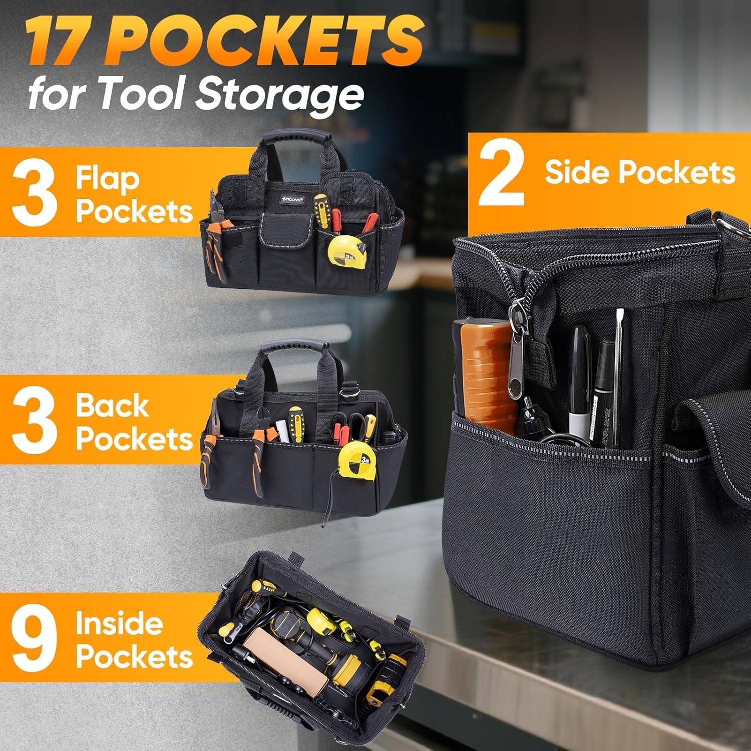 Durable 16″ Tool Storage Tote – Ergonomic Design with Reflective Safety Strips