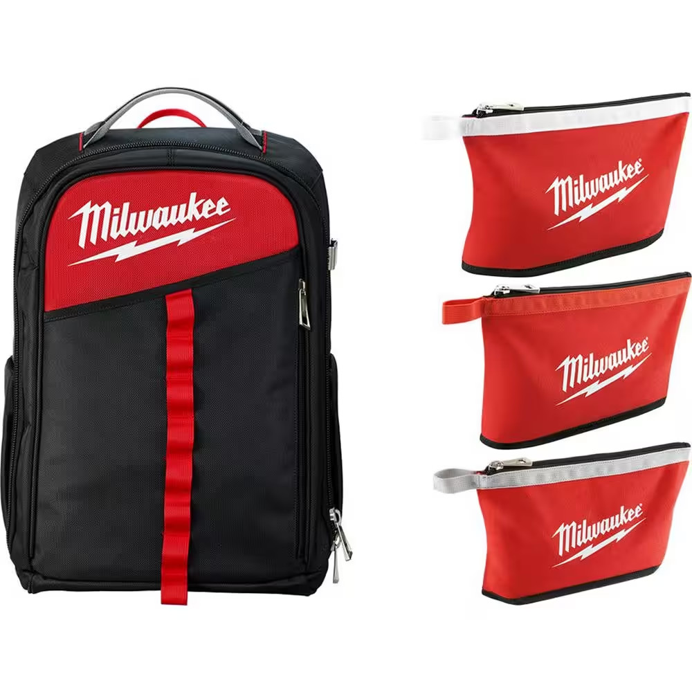 Milwaukee Low-Profile Backpack 14″ 22 Pockets w/ (3-Pack) 12″ Zipper Tool Bags
