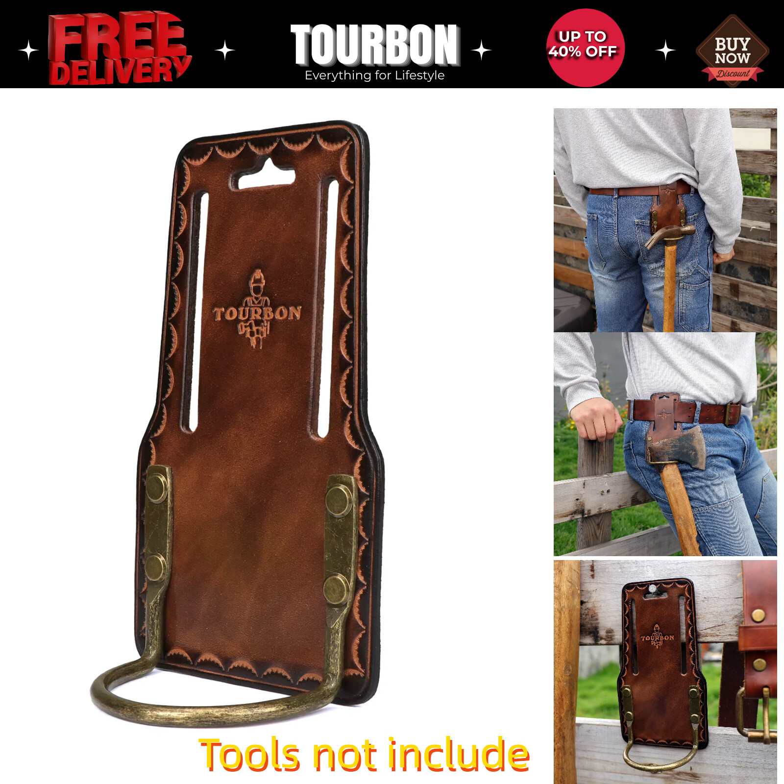 TOURBON Leather Hammer Hanger Drill Holder Axe Holster 3″ Belt Loop Heavy Duty