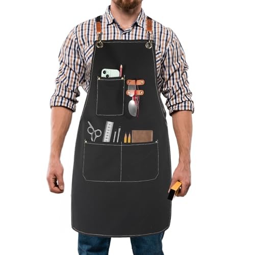 Men’s Canvas Tool Apron, Heavy Duty Multi-Pocket Work Apron for Black