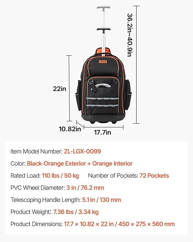 Rolling Tool Backpack with Wheels, 75 Pockets & Lock for Electricians