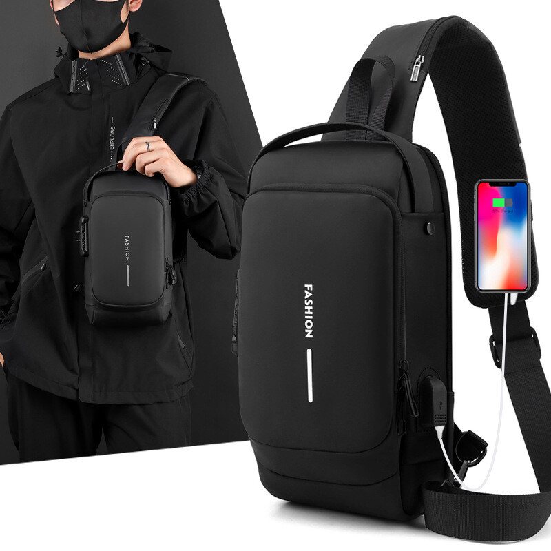 Men’s crossbody combination lock Anti-theft outdoor sports usb port chest bag