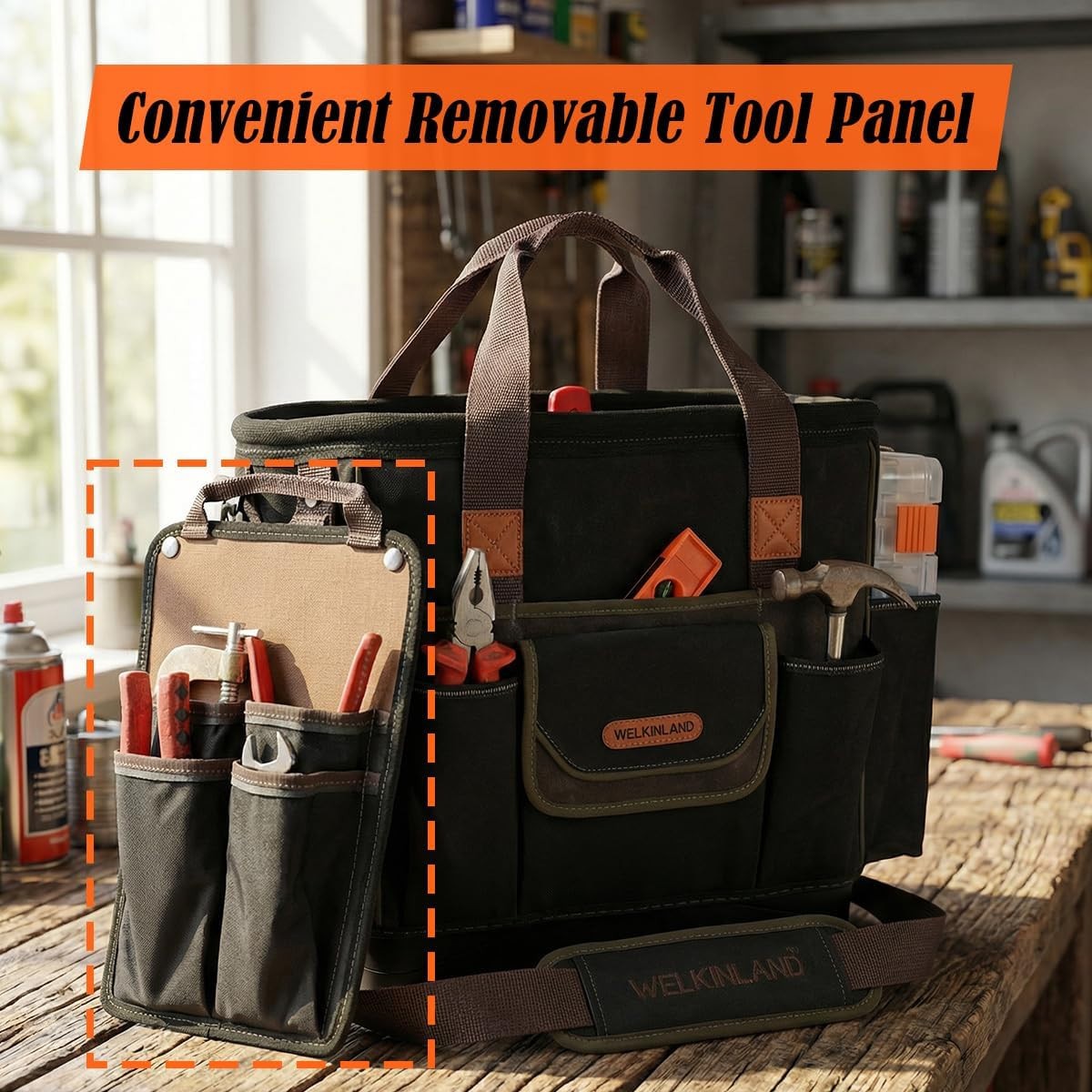 WELKINLAND 50-Pocket Tool Tote, 14″ Hard Bottom, Waxed-Canvas, All Trades