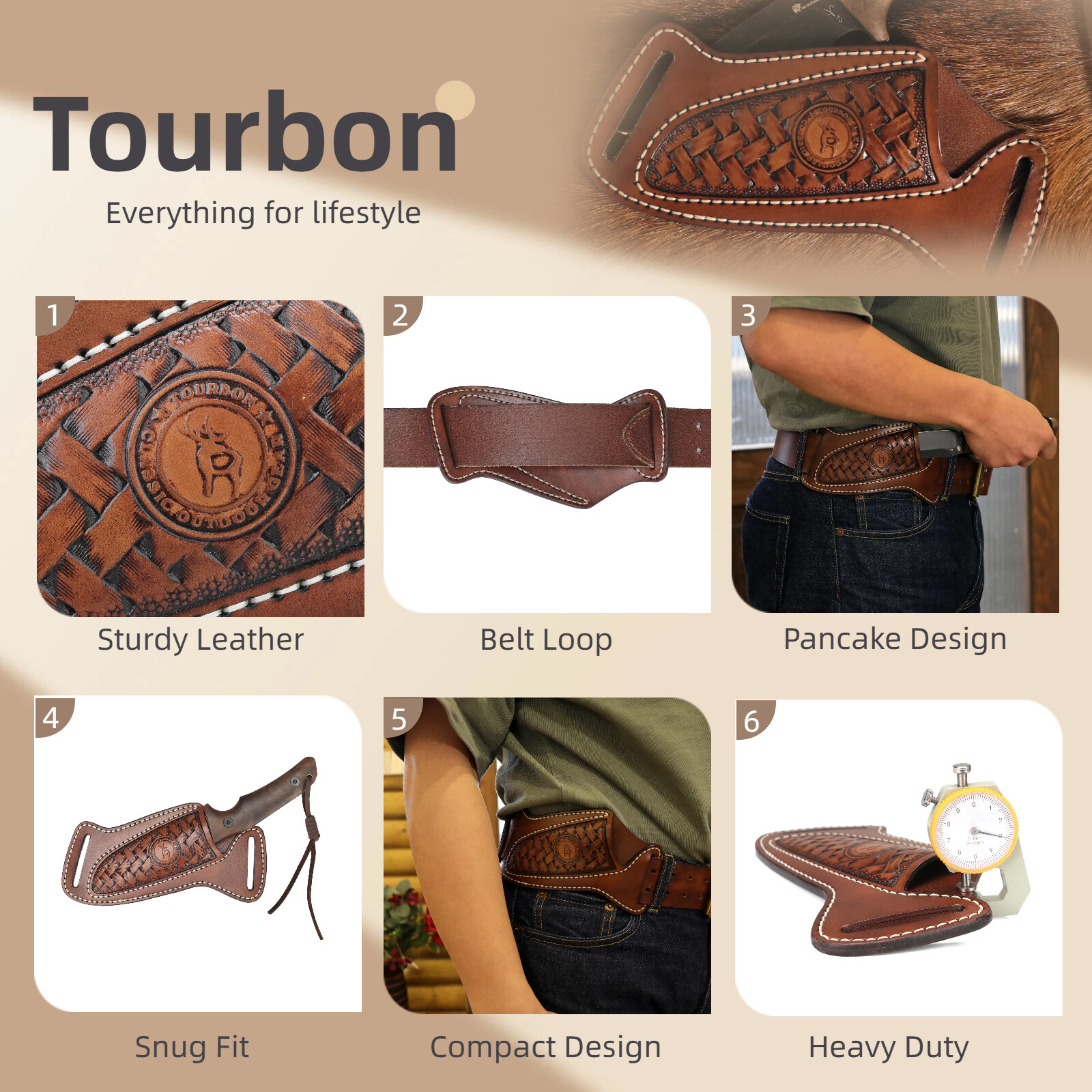 TOURBON Leather Fixed Straight Blade Knife Sheath Belt Pouch EDC Knives Pouch