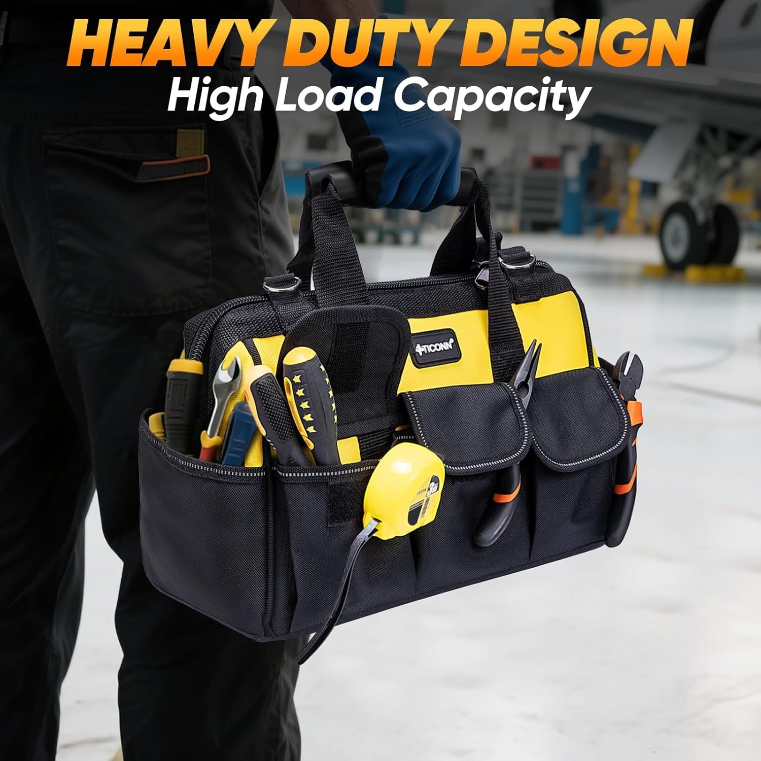 Durable 16″ Tool Storage Tote – Ergonomic Design with Reflective Safety Strips