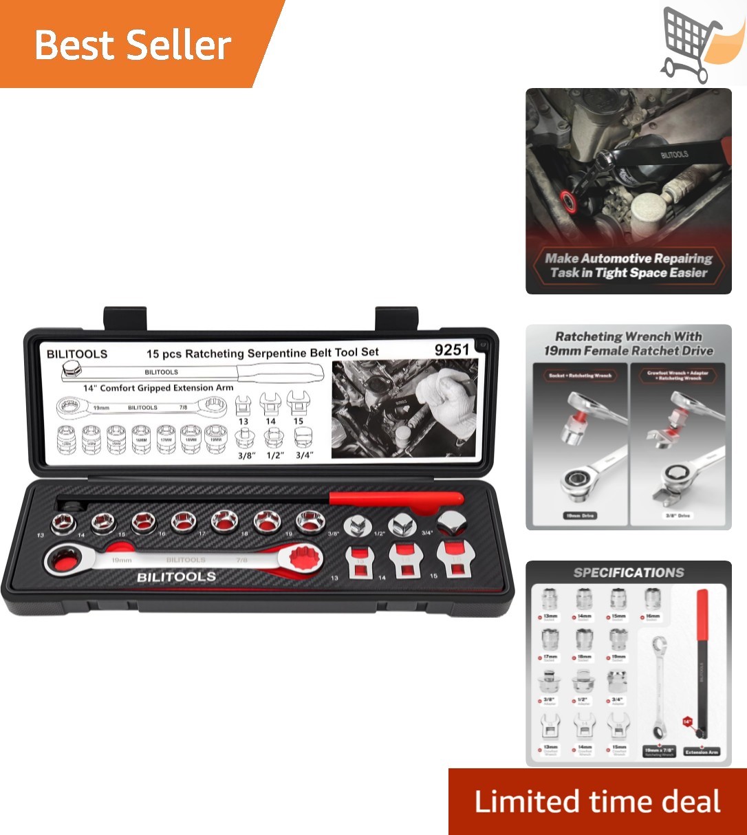 15-Piece Serpentine Belt Tool Set Carbon Steel Ratchet Kit for Vehicle Mainte…