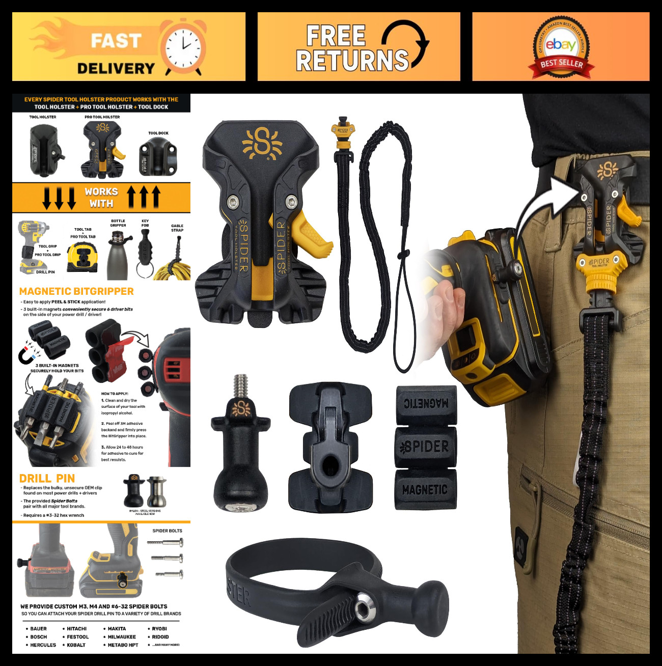 Tool Holster with Fall Prevention Tether, Pro Grip, Drill Pin & Adhesive Tab – U