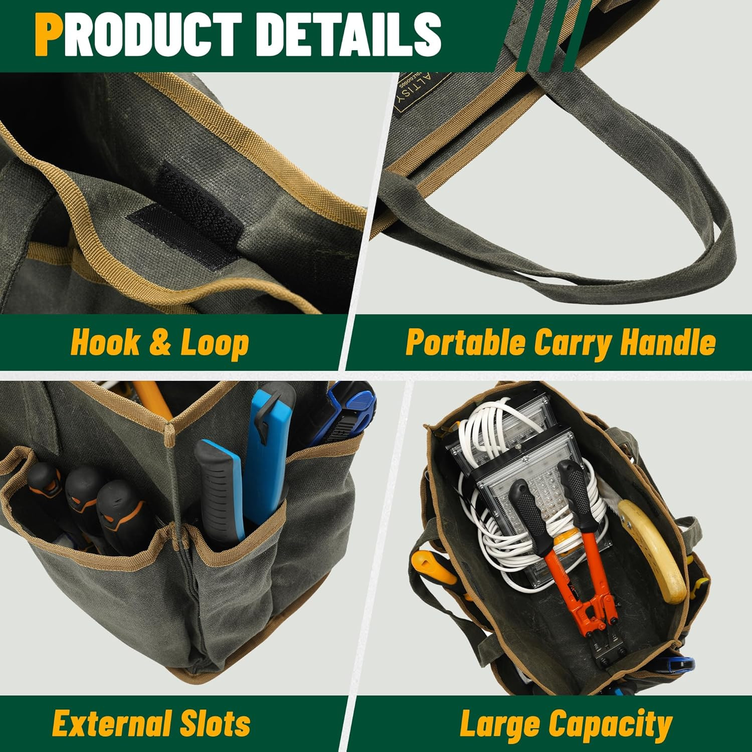 Tool Tote Bag, Heavy Duty 16Oz Waxed Canvas Garden Tool Bag | Portable 11-Pocket