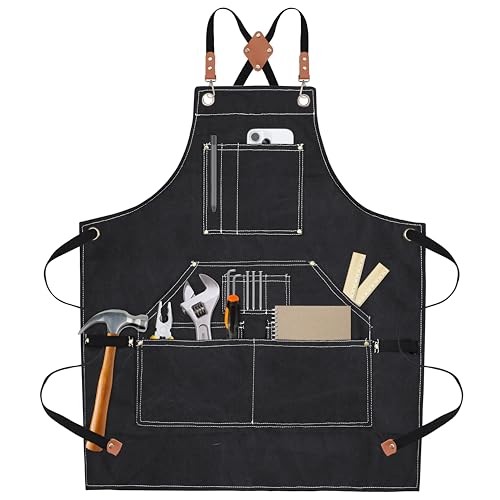 Handmade Work Apron with 11 Tool Pockets, Heavy Duty Waxed Canvas Black