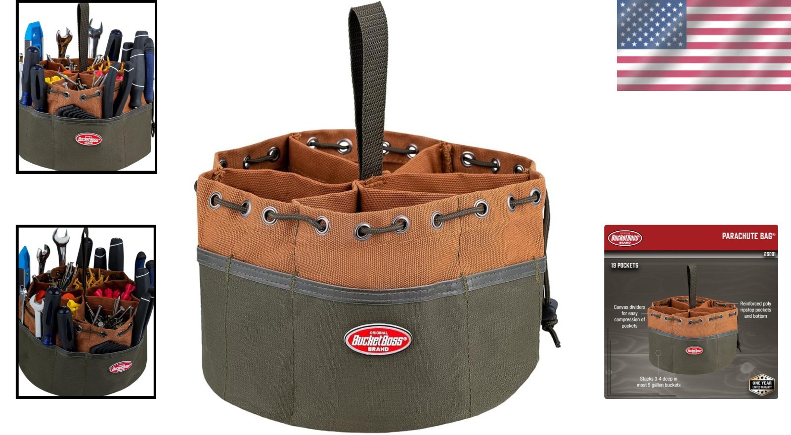 19-Pocket Canvas Organizer Parachute Bag in Brown for Tools & Small Parts