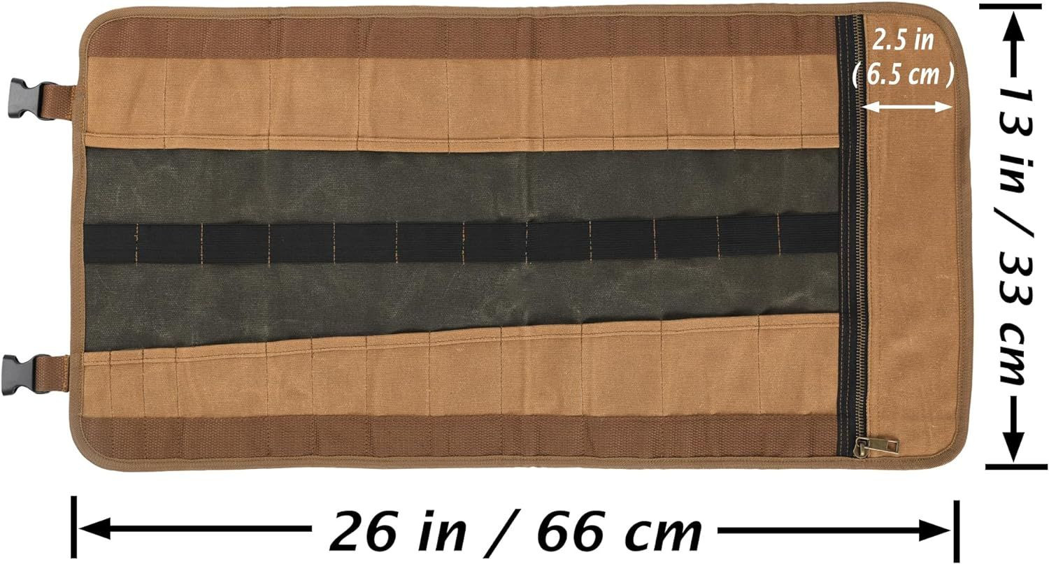 Canvas Tool Roll, 23 Pockets Case, Heavy Duty 16oz Army Green & Khaki