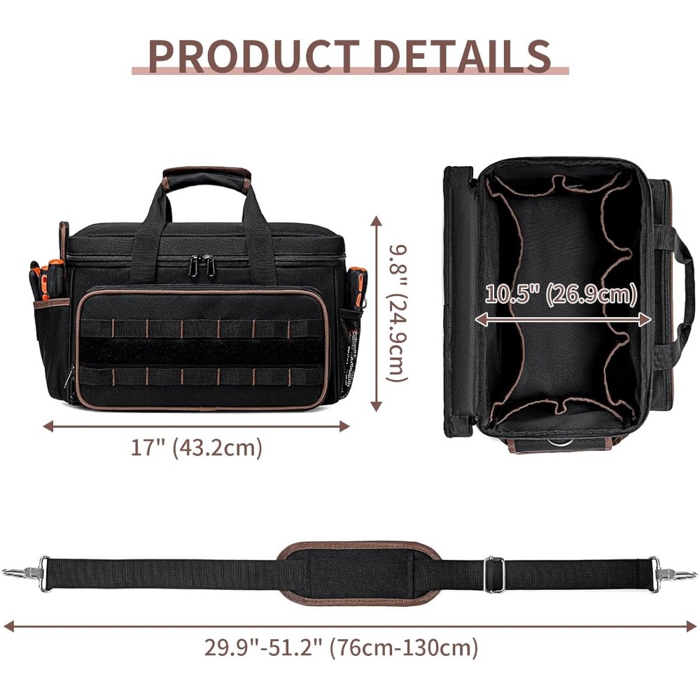 17″ Oxford Tool Tote W/ Padded Handle – Multi-Pocket Organizer for Electricians
