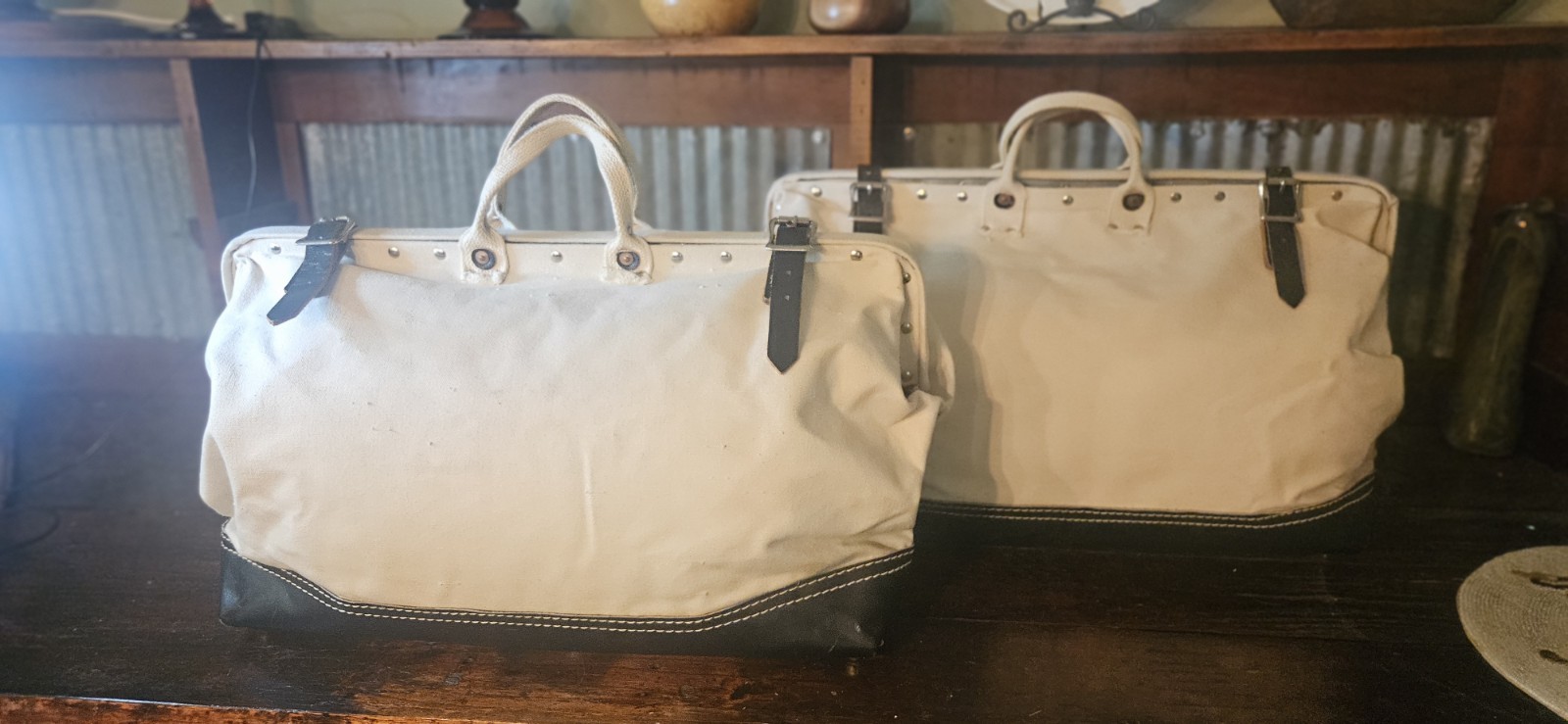 Vtg, Set/2 Huge Canvas LINEMAN UTILITY RIVETED TOOL BAGS, A TRUE FIND,Boat Totes