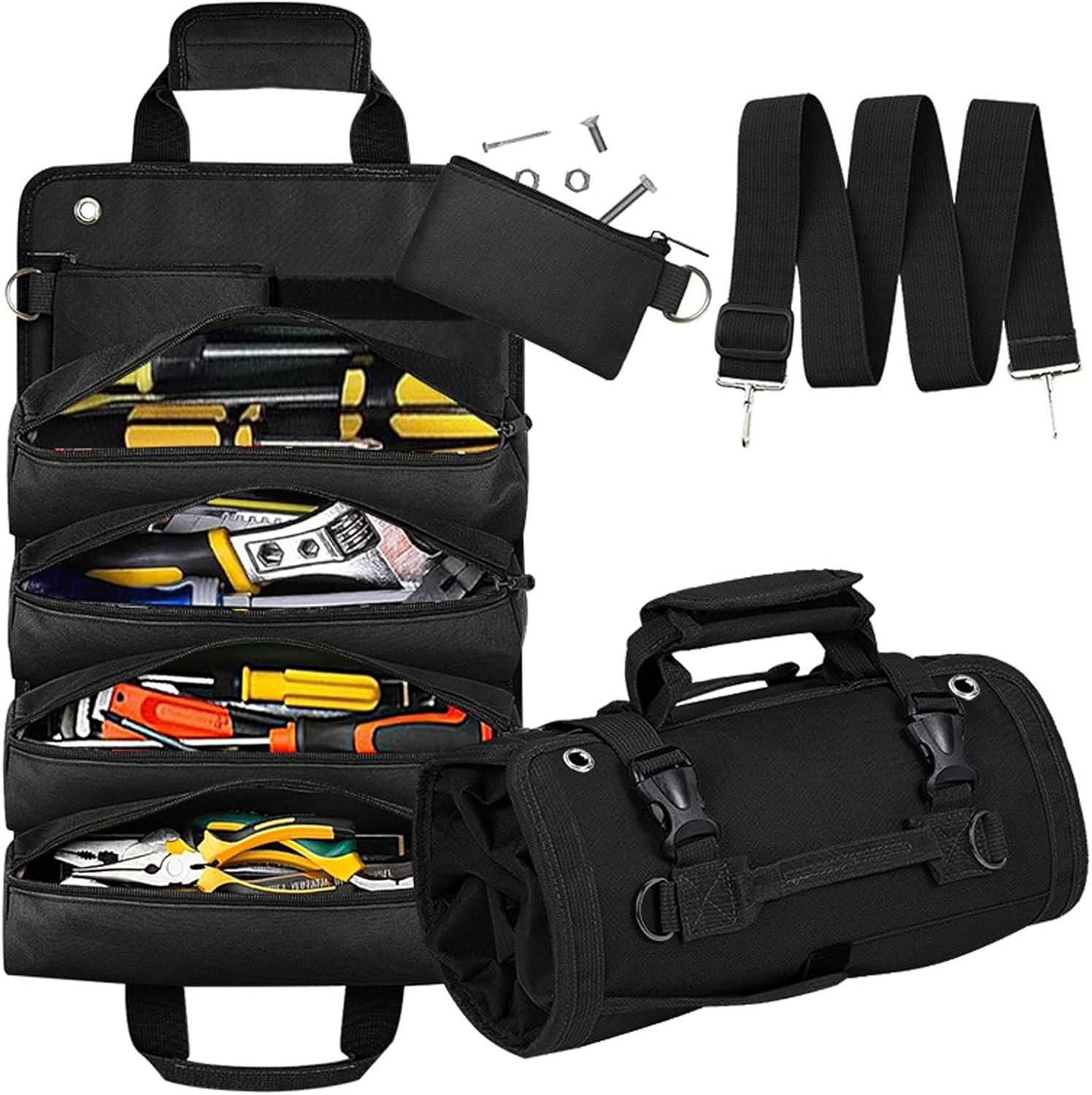 Roll Up Tool Bag Heavy Duty Tool Roll Up Bag 4 Pockets w/Detachable Tool Pouches