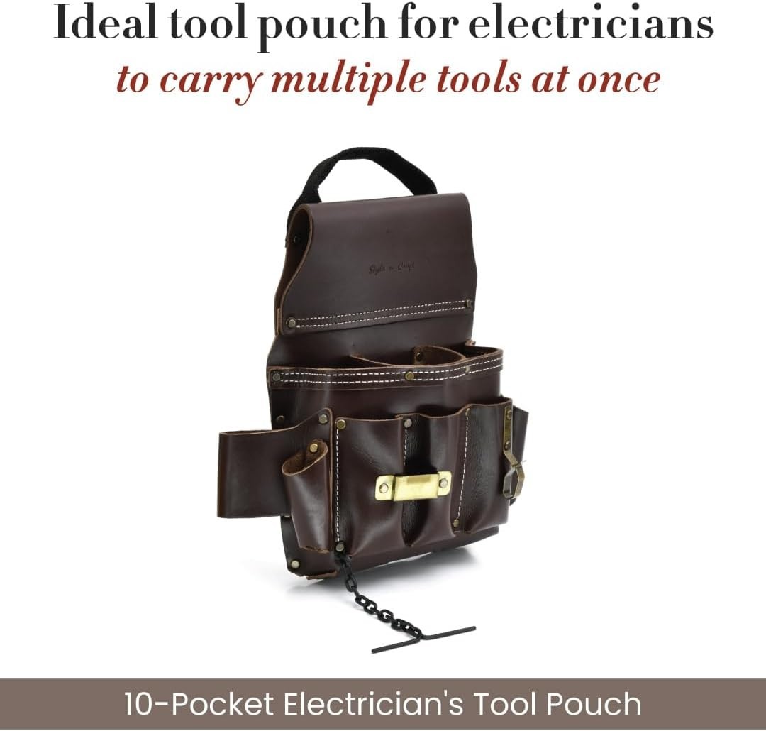 Durable Full-Grain Leather Tool Pouch with 10 Pockets for Electricians, Dark Tan