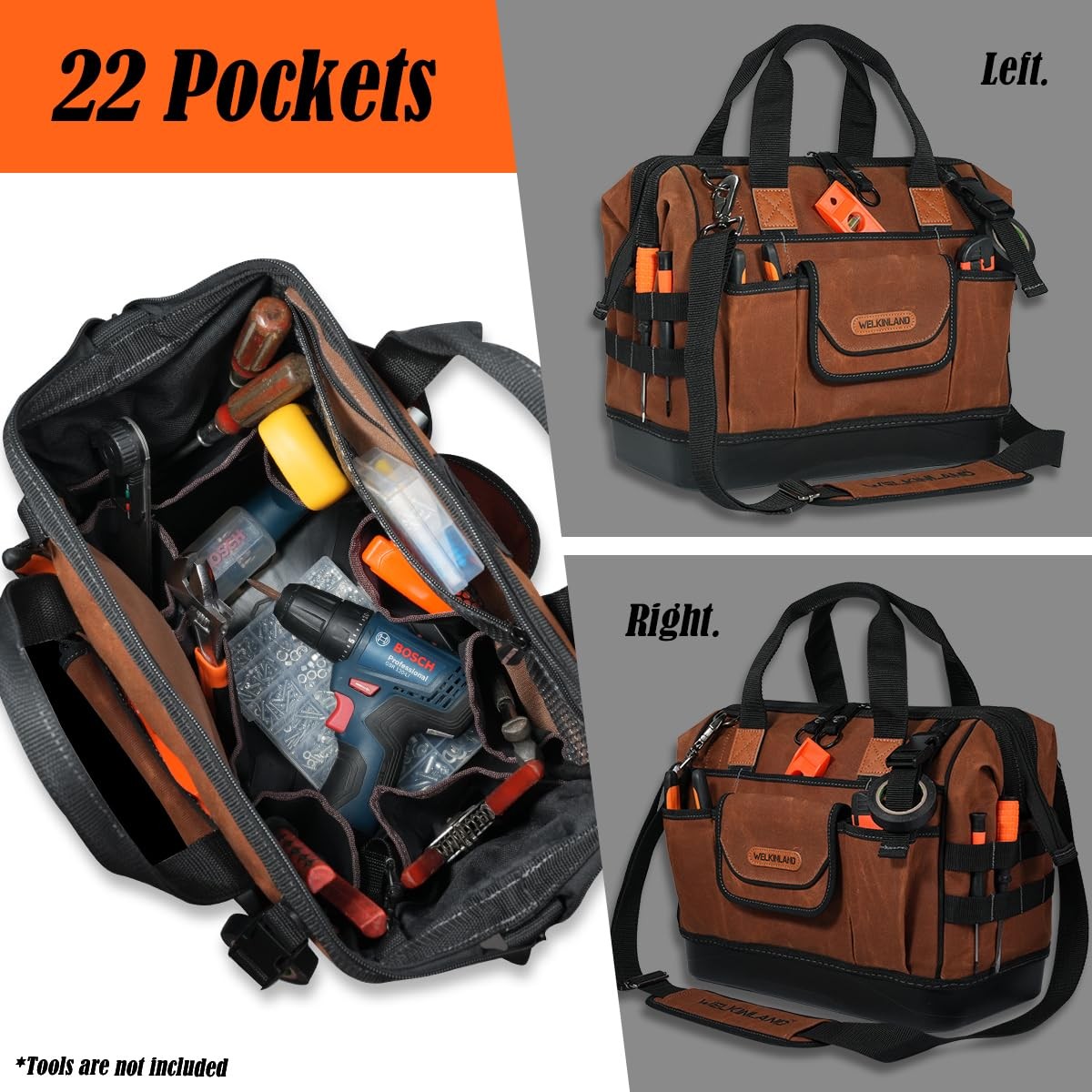 Welkinland 22-Pockets Hard Bottom Tool Bag 14-Inch Waxed Canvas Tools Bag 25L