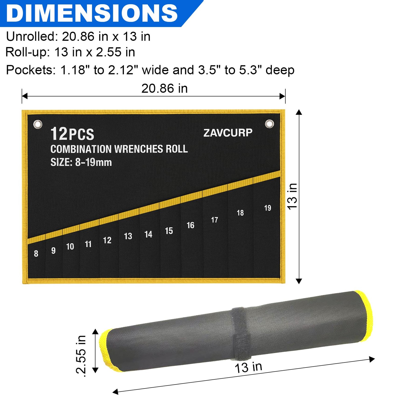 2PCS Wrench Roll Up Pouch, 12 Pockets Metric + 13 SAE, Black