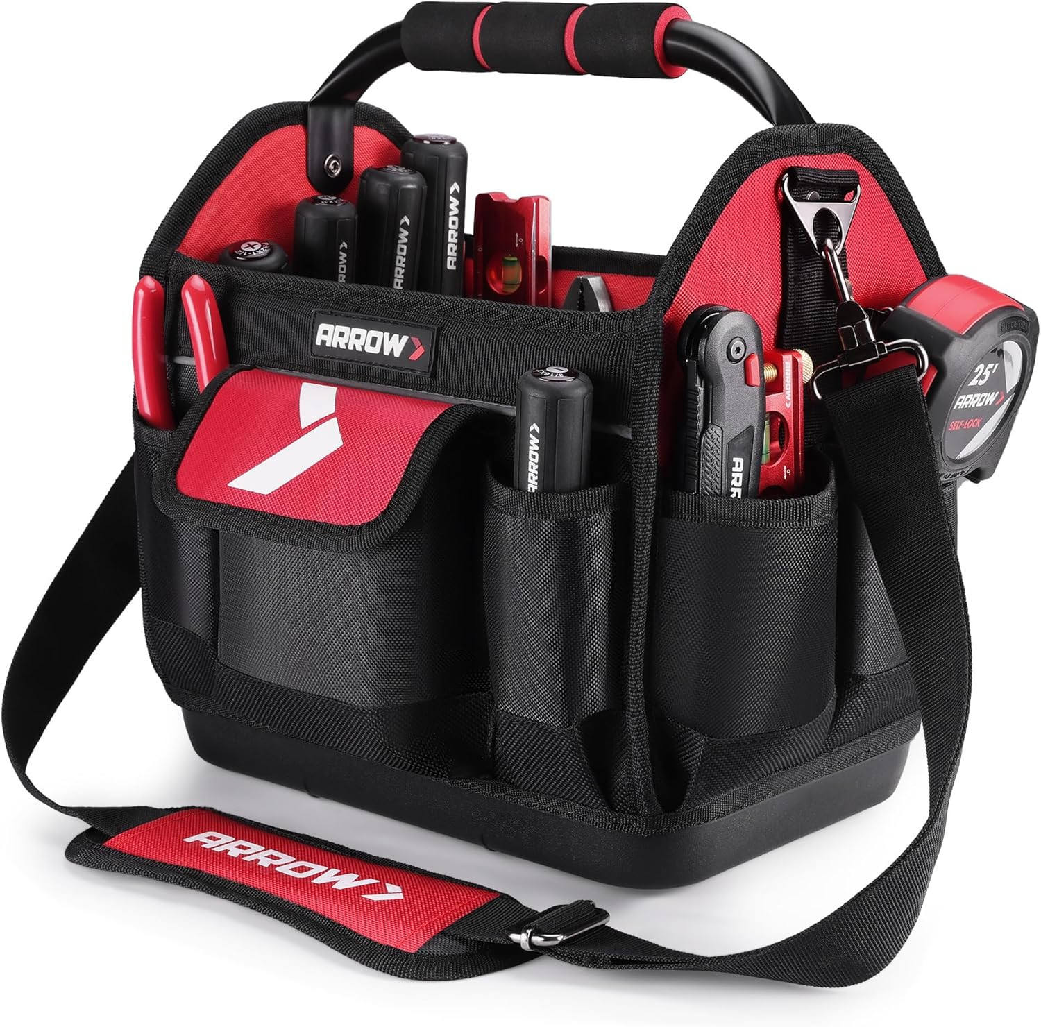 ARROW 12″ Tool Tote with Waterproof Hard Base, Electrician Tool Bag with 19 Pock