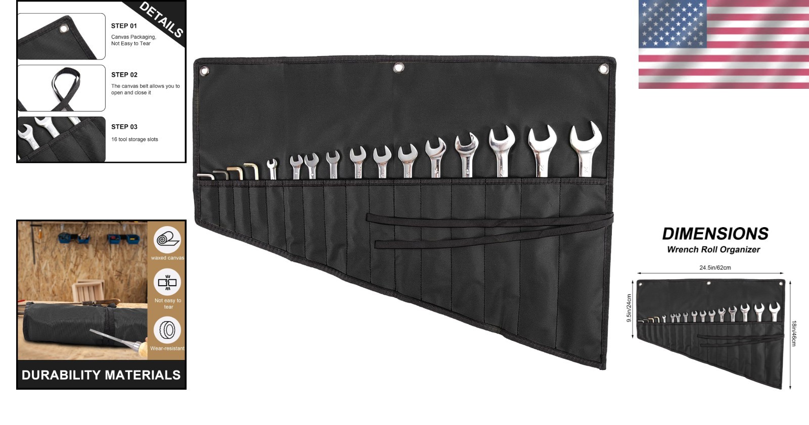 Wrench Roll Organizer Metric & SAE Roll up Tool Pouch Bag Handmade, Heavy Weight