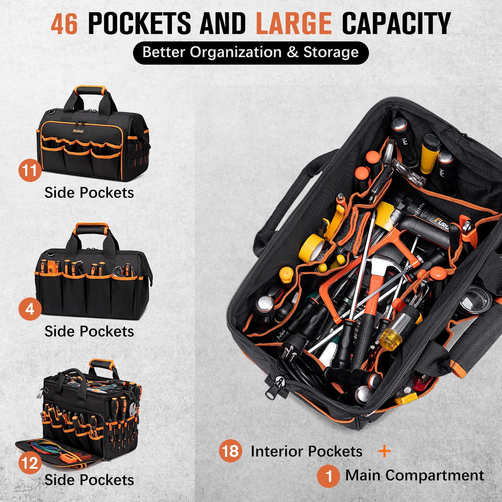 17-Inch Electrician Tool Bags for Men, 46-Pocket 17″x9.8″x12.6″, Black-orange