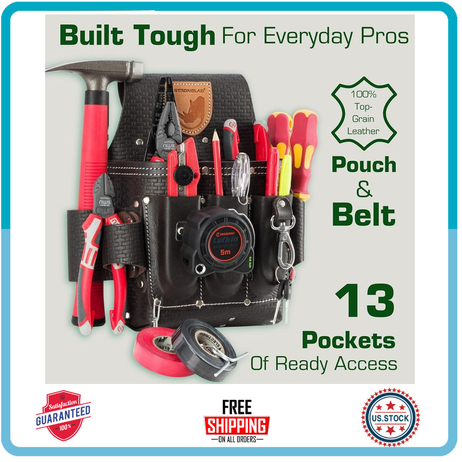 13-Pocket Leather Tool Belt for Electricians STRONGLAD Pro Utility Belt 29-46″
