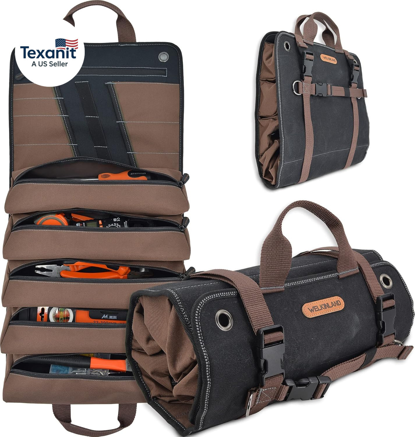 Heavy-Duty Waxed Canvas Tool Roll, 15-Pockets Tool Wrap Roll, 15L Tool up Roll B