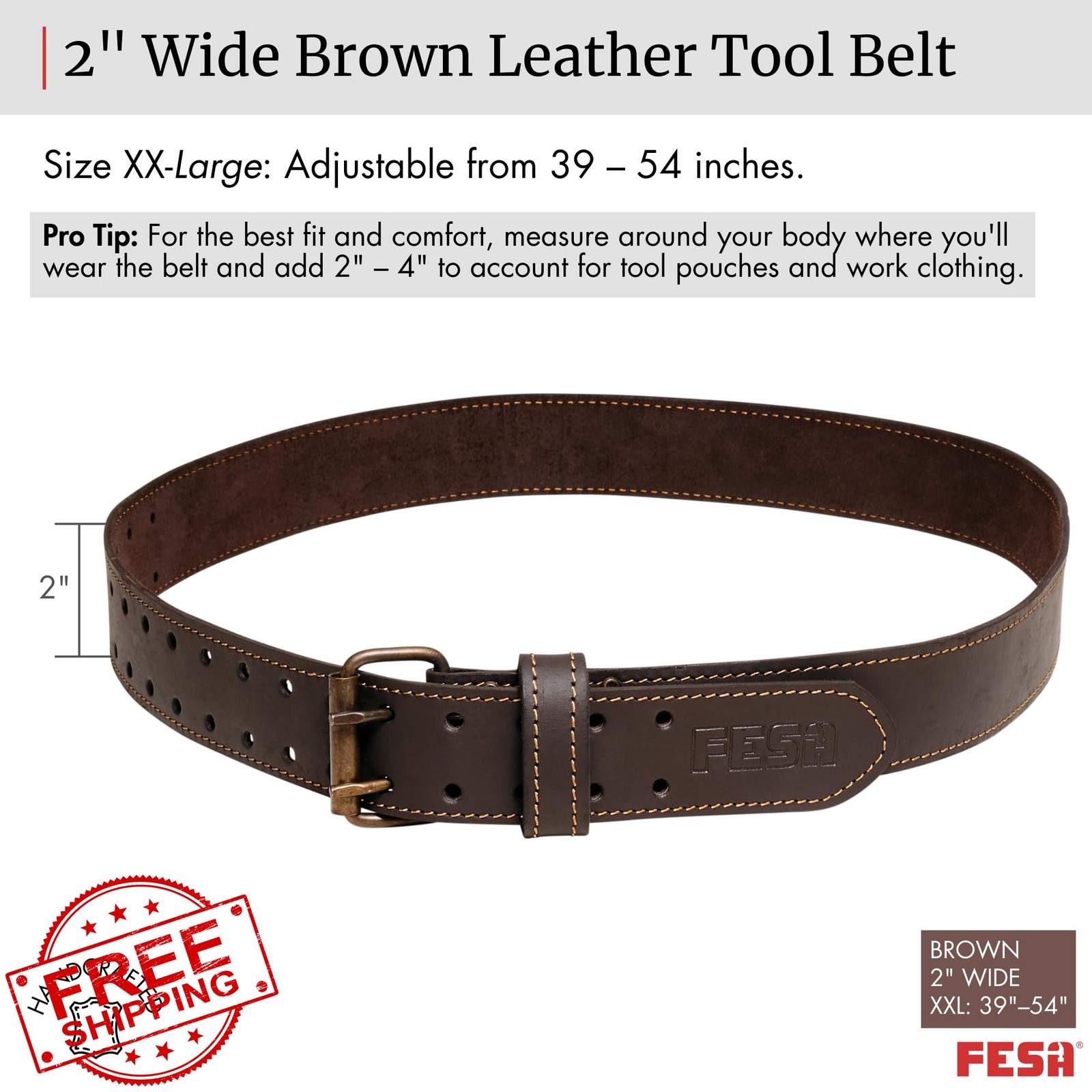 FESA Tool Belt Brown 2 Inch XXL Leather