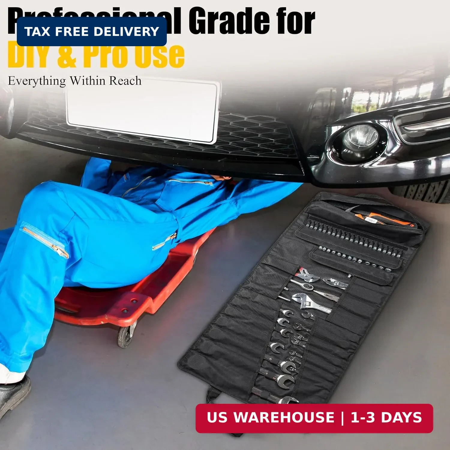 Tool Bag,Large Roll-Up Tool Bag Organizer with 28 Pocket Organizer, 34 Socket Sl