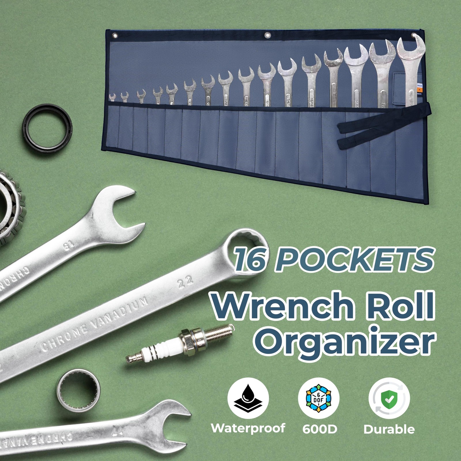 16 Pockets Wrench Roll Up Pouch, Ratchet & Standard (MM/SAE) Wrench Set Organ…