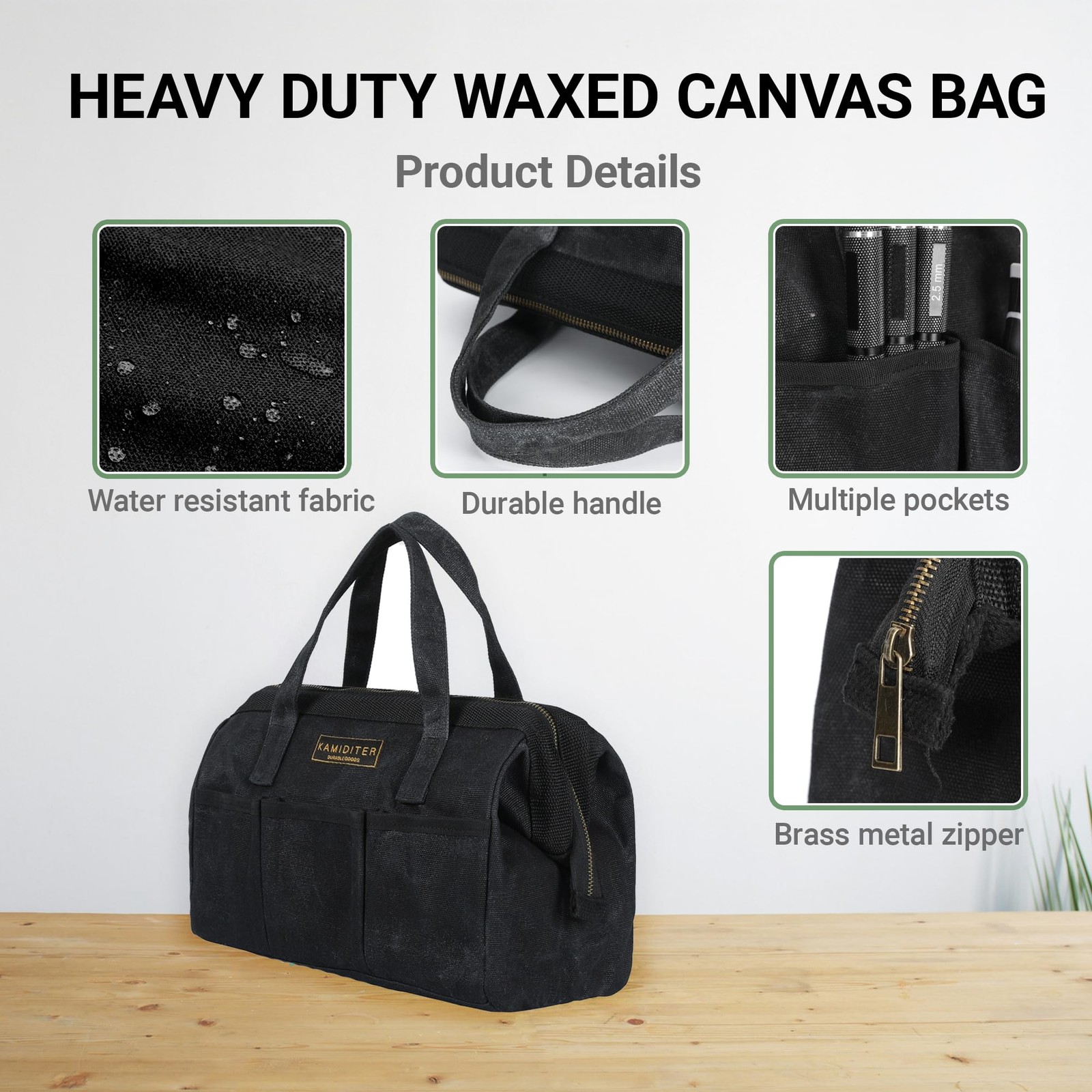 Tool Bag with Zipper, Heavy Duty 16oz Waxed Canvas Wide Mouth Tool Tote Bag, …