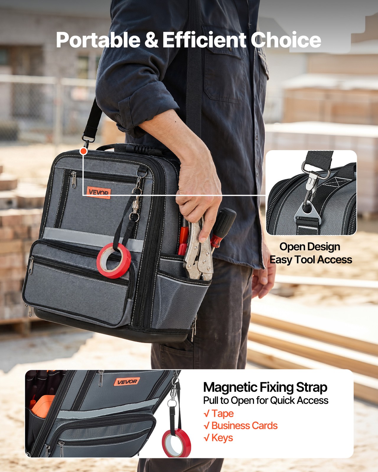 VEVOR Tool Bag 13.2 Inch 34-Pocket Portable Large Tool Box Organizer with Base